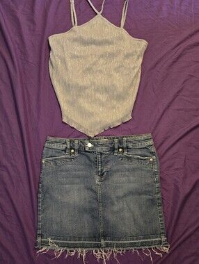 White House Black Market Blue Denim Frayed Hem Mini Skirt